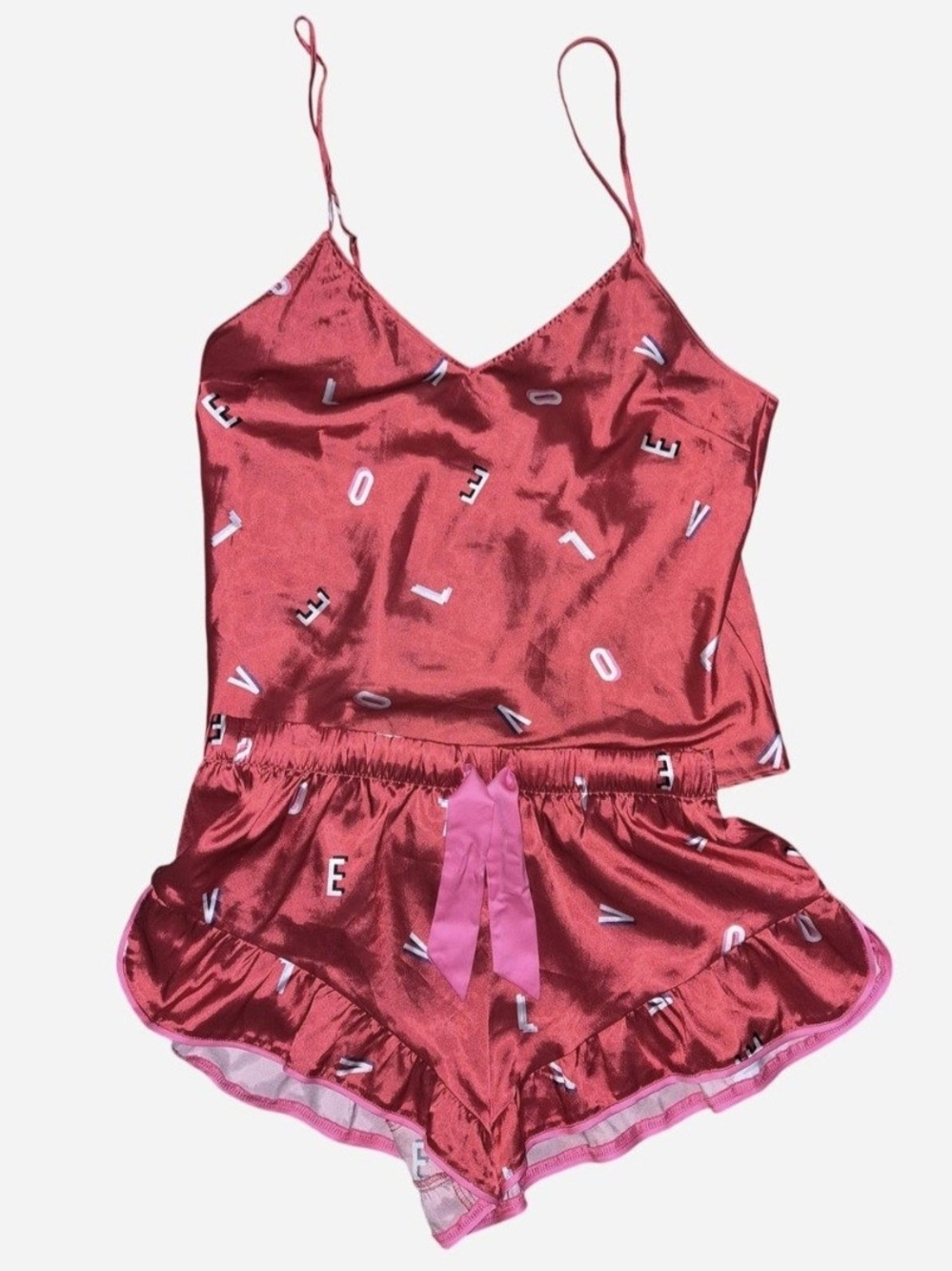 Victoria's Secret Red Satin 'LOVE' Cami & Ruffle Shorts Sleep Set